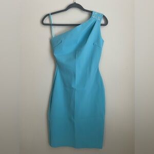Chiara Boni Blue One Shoulder Mini Dress W/ Rhinestones Body Con Size 4 READ
